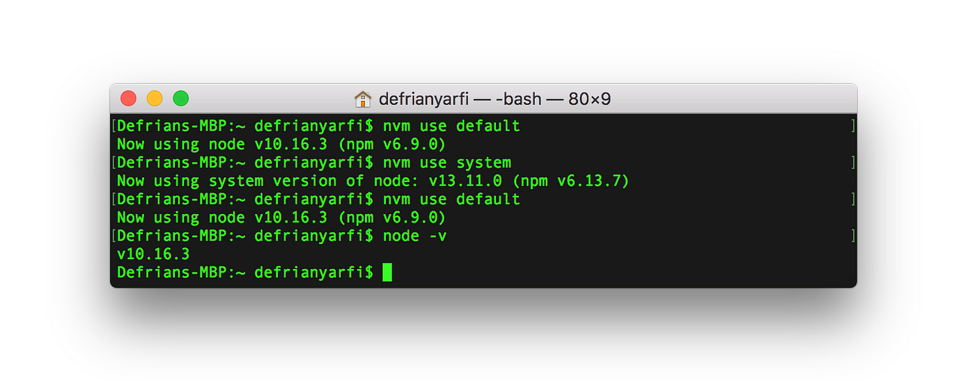 $ nvm alias default — Changing between Node version using aliases in NVM and set back to default version
