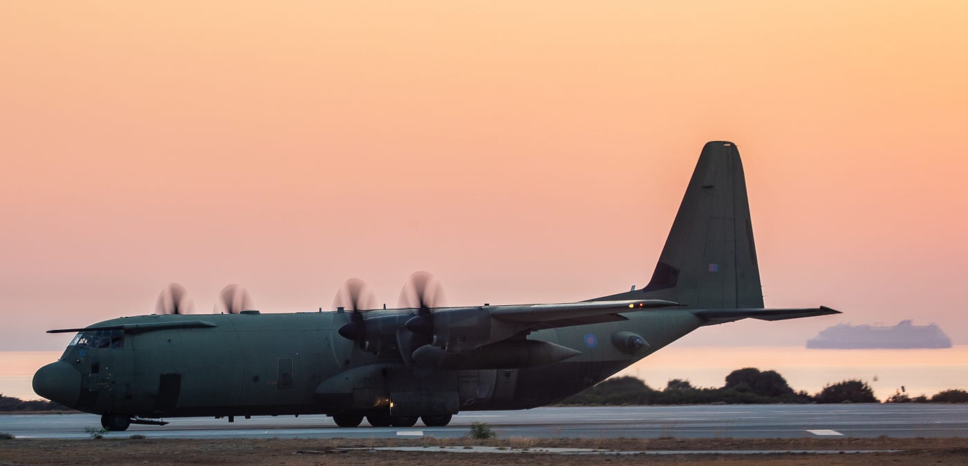 The C-130J Hercules prepares to take off.