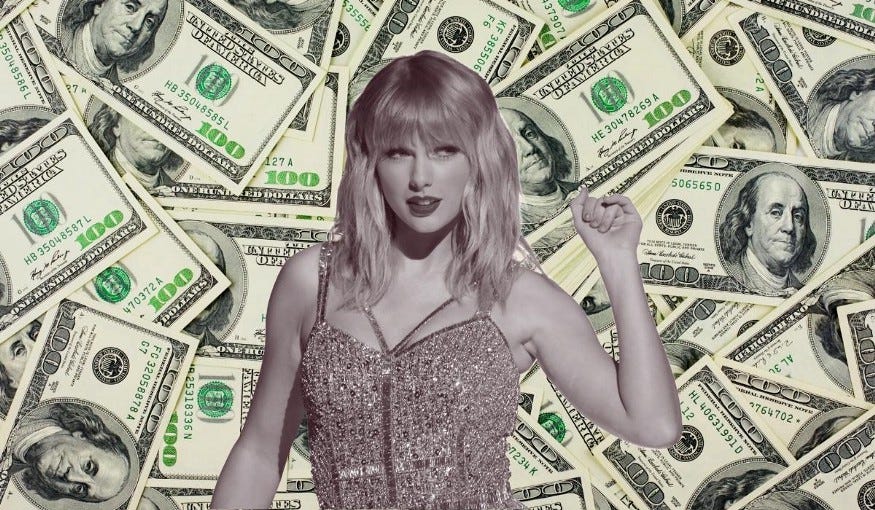 Taylor Swift in front of a backdrop of $100 bills