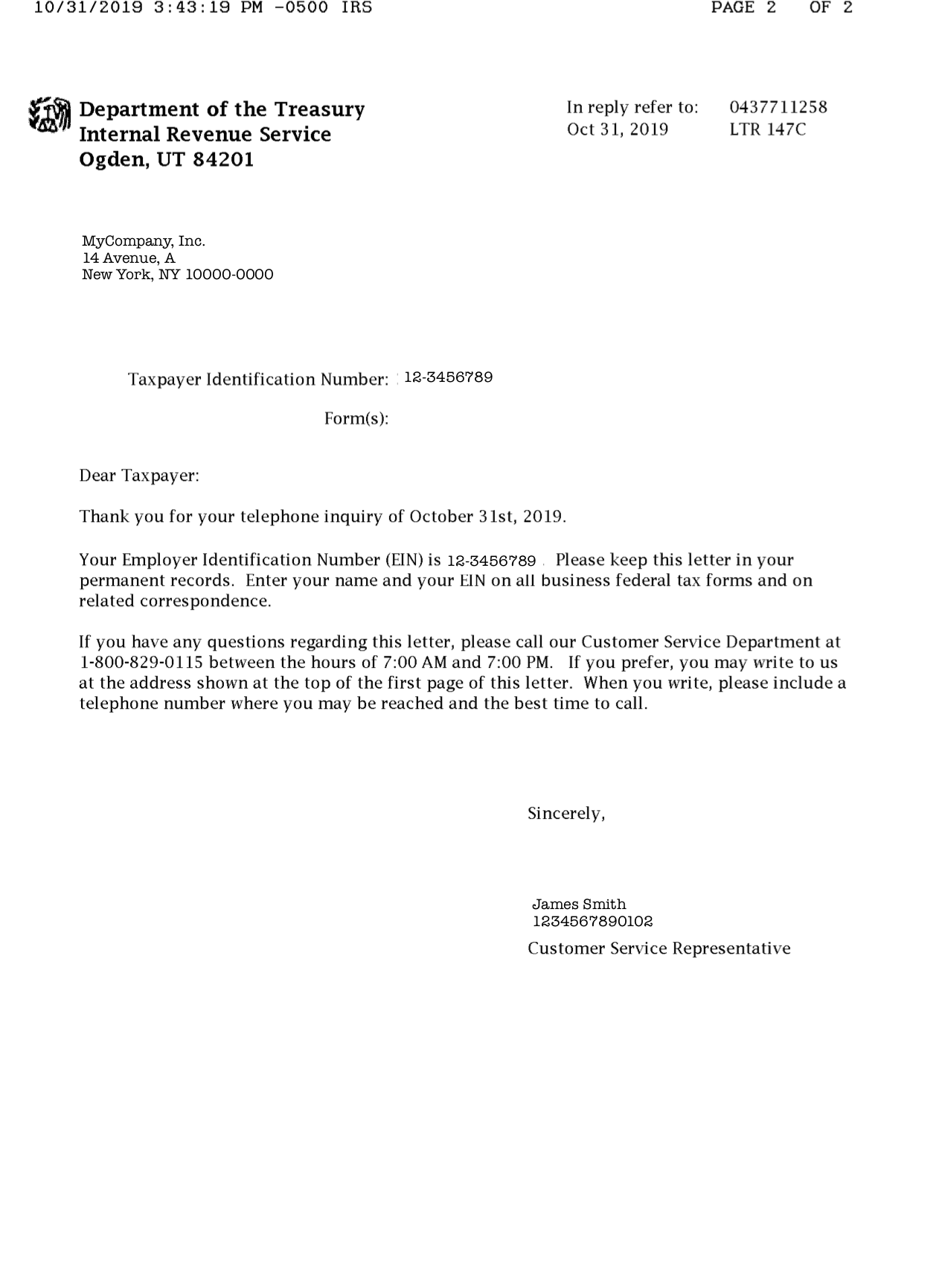 Getting 20C Online (EIN Designation Confirmation Letter)  by