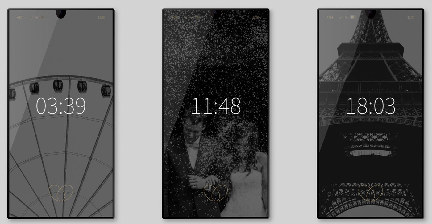 The image shows the first “eco branding” dark mode design by Sylvain Boyer. Three different phones with black-and-white wallpapers can be observed. In the middle of each, a minimalist white-colored digital clock.
