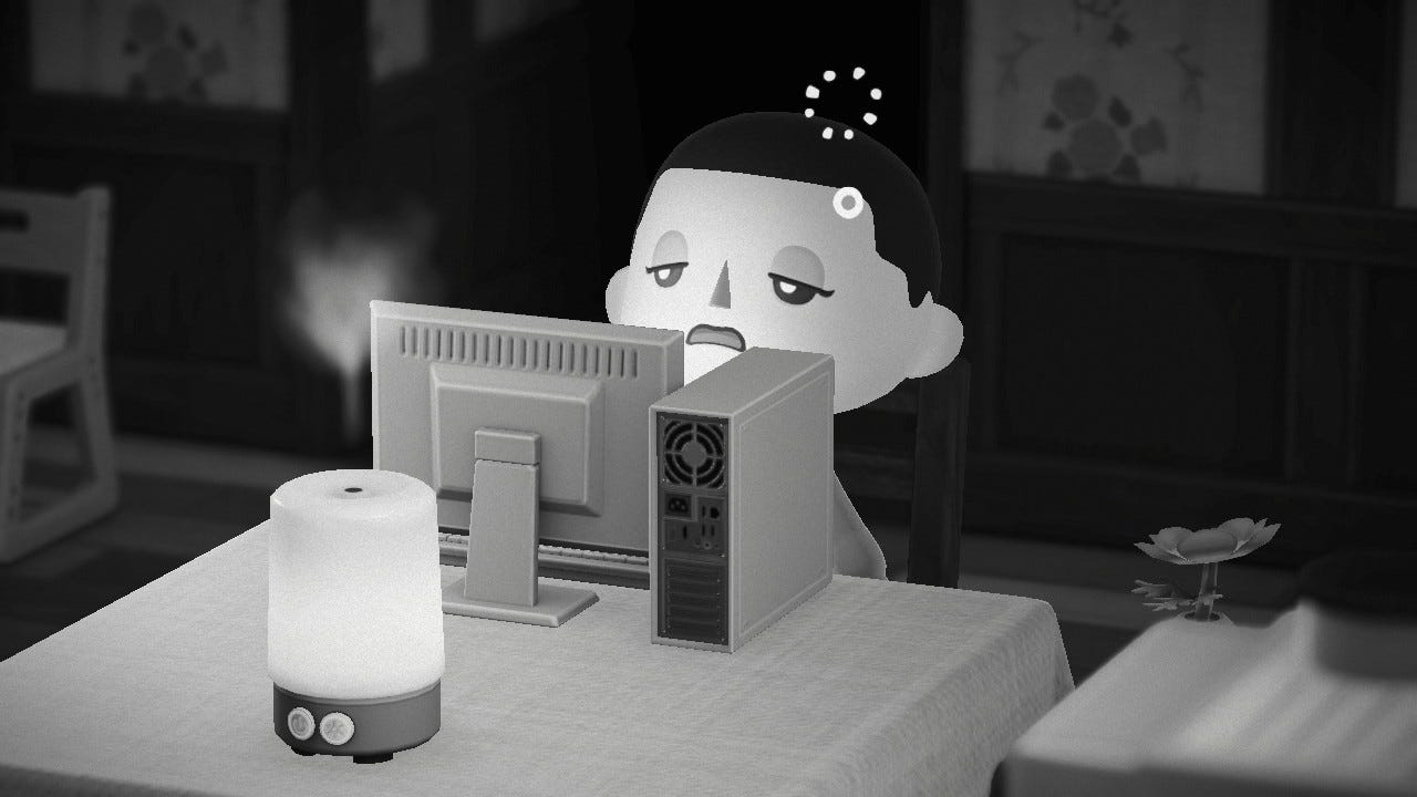 A black and white screenshot from Animal Crossing: New Horizons. The player villager looks dazed in front of a computer.