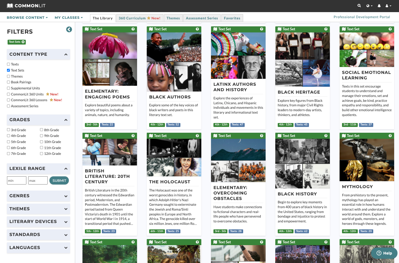 CommonLit's library filtered for text sets. 