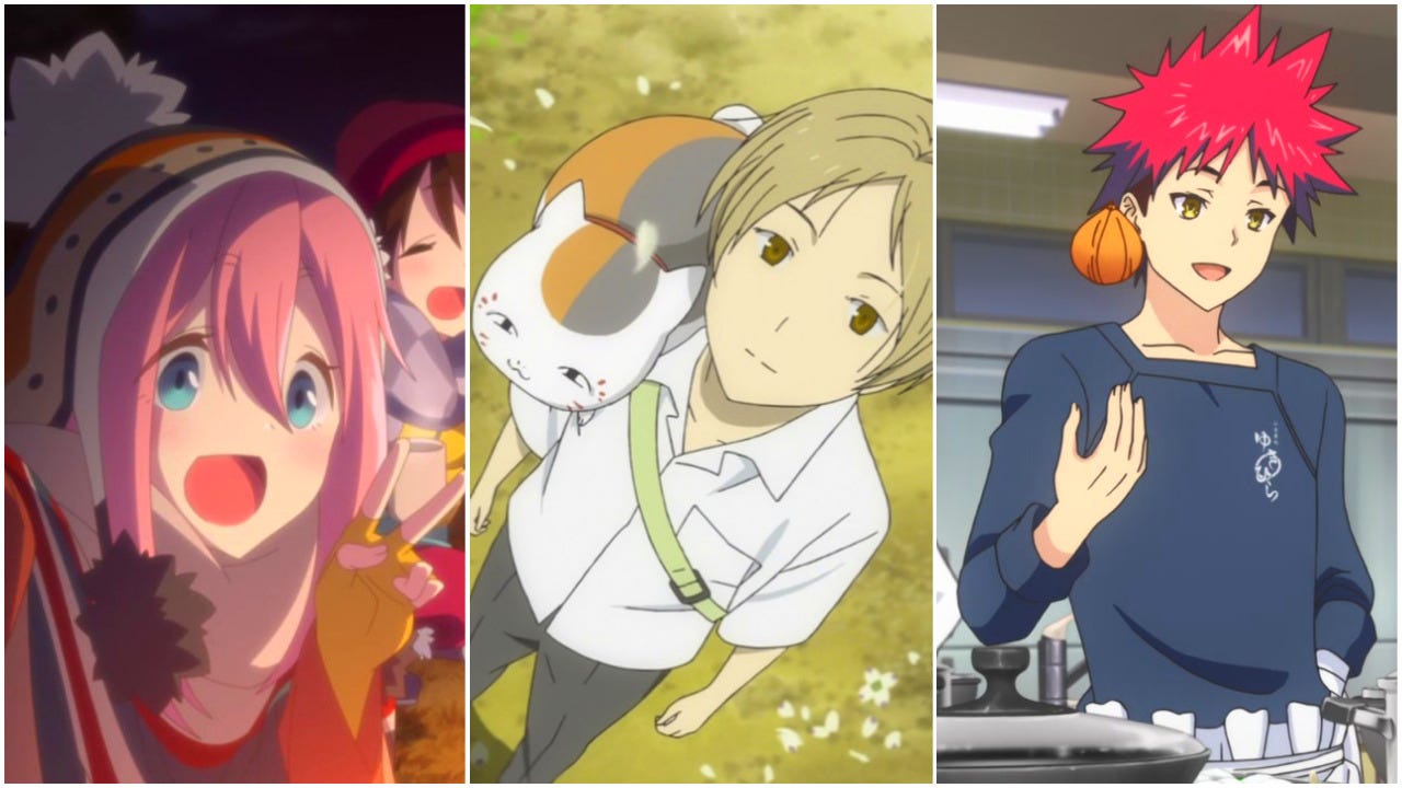 Pictures from Laid-Back Camp, Natsume’s Book of Friends, and Food Wars.