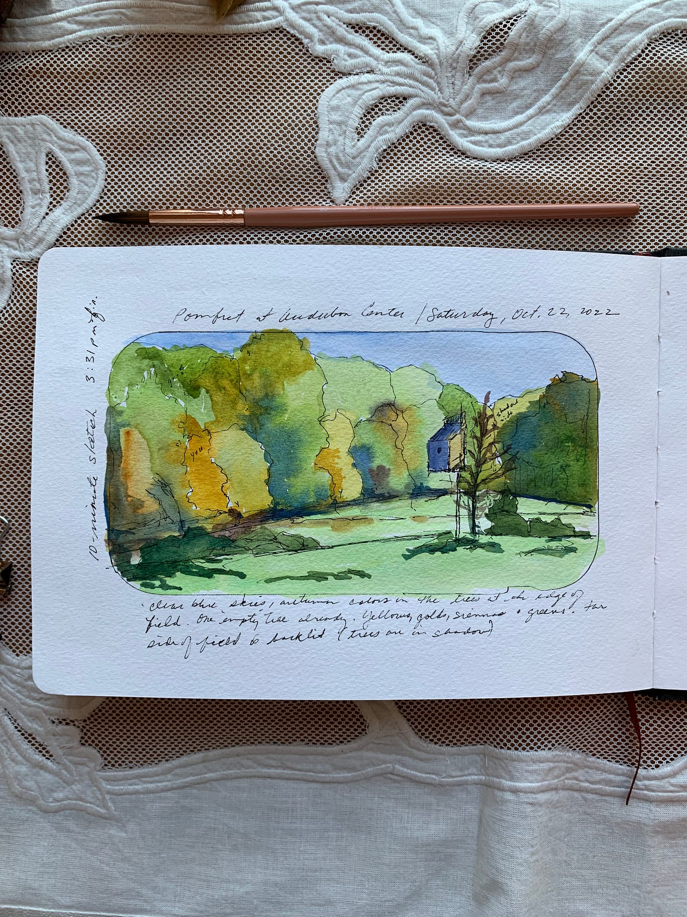 A watercolor journal entry by Roxanne Steed showing an old birdbox standing in a meadow at the Connecticut Audubon Center in Pomfret, CT. The color palette is mostly greens and yellows for the early fall. The birdbox itself is in full light on one side, blued shade on the other. The margins are filled with notes about the scene. Photo and painting by Roxanne Steed