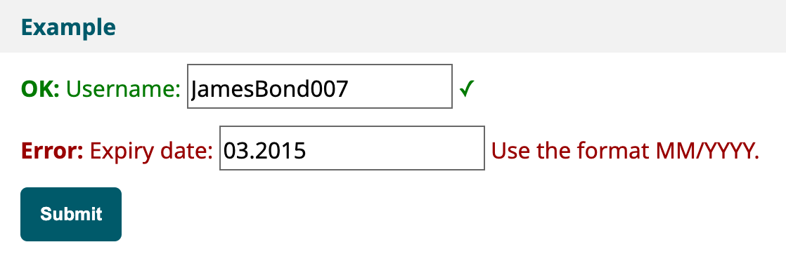 An example of a form field providing guidance to the user after they inputted a date in the incorrect format.