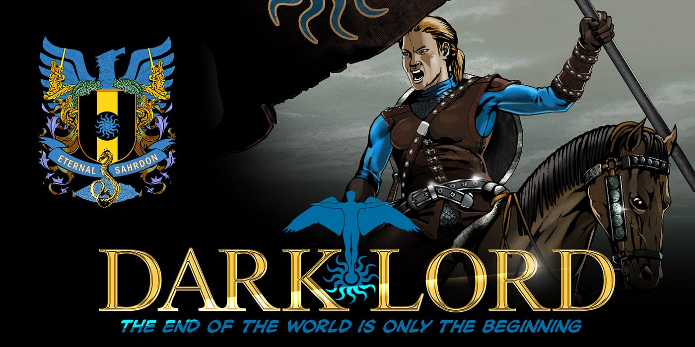 comic image of a woman warrior holding a flag on horseback with title Darklord, The end of the world is only the beginning