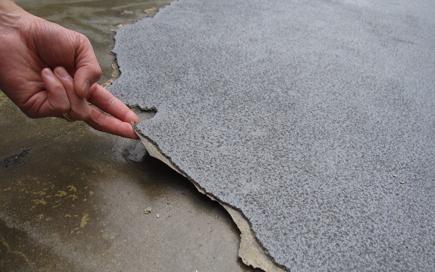 A building professional is lifting a torn membrane to see the reason for the waterproofing membrane failure.
