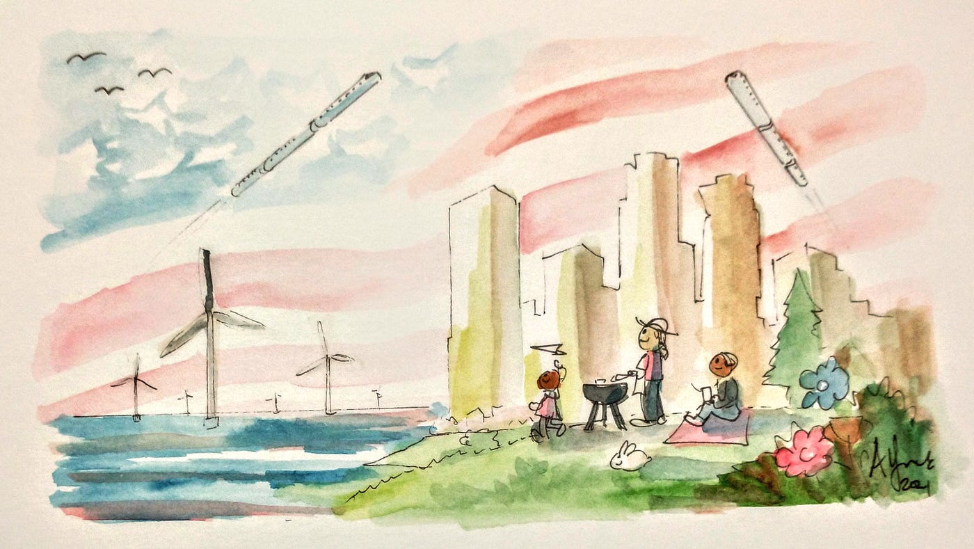 A family BBQs on a hill overlooking the ocean. In the background are windmills, skyscrapers, and flying trains. The sunset sky looks like a waving American flag