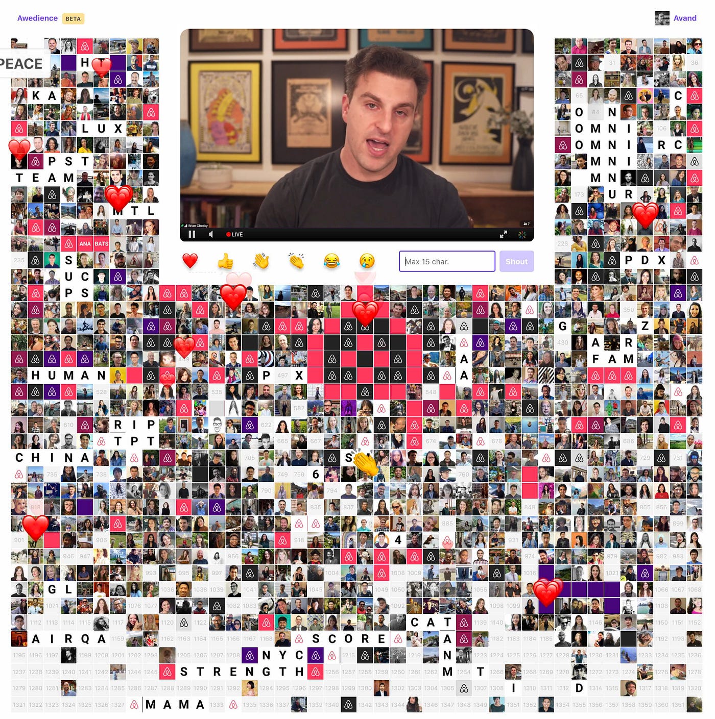 A screenshot of Awedience during an all-company meeting. Brian Chesky, CEO, is in the center and is surrounded by thousands of employees represented by tiny squares. Each square is either a picture of the employee, a color, or a letter that people have arranged to spell words or draw shapes. Emojis are captured emerging from some of the seats.