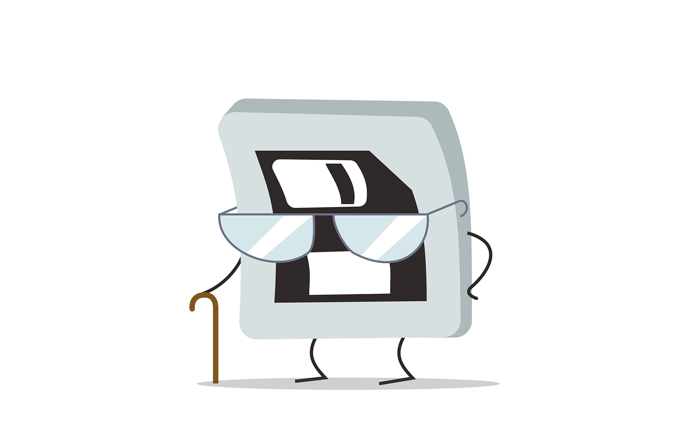 A carton of an aged floppy disk save icon, hunched over with glasses and a cane.