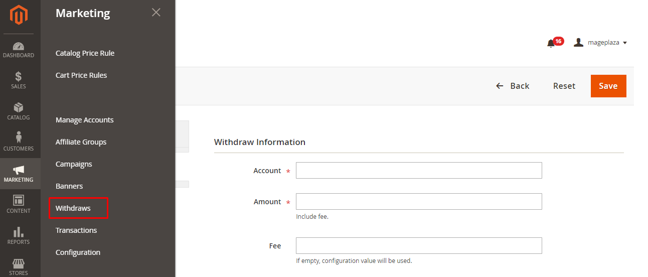 Manage commission withdraw