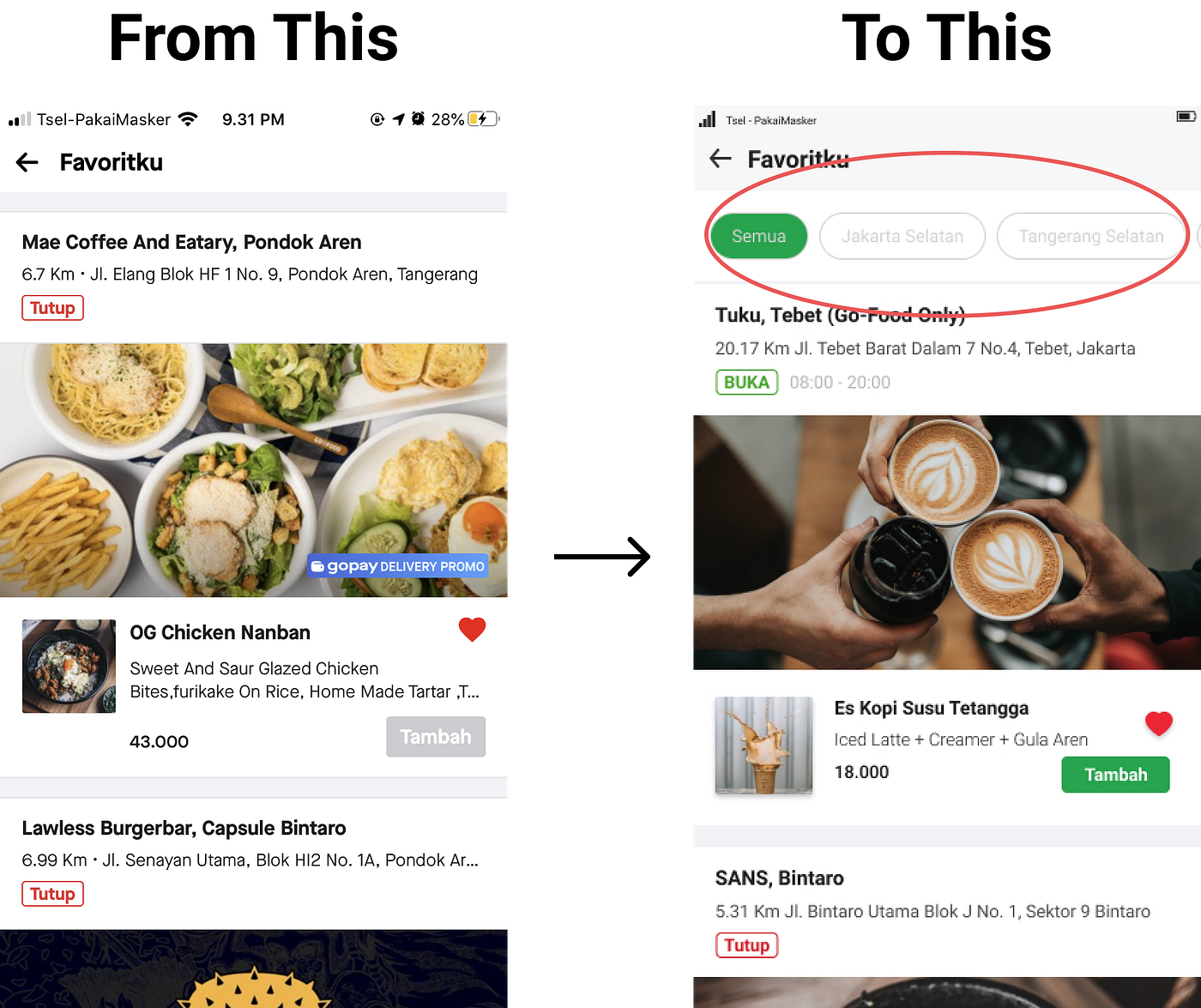 Redesigned GoFood Home with a Navigation bar and Favorites page with ...