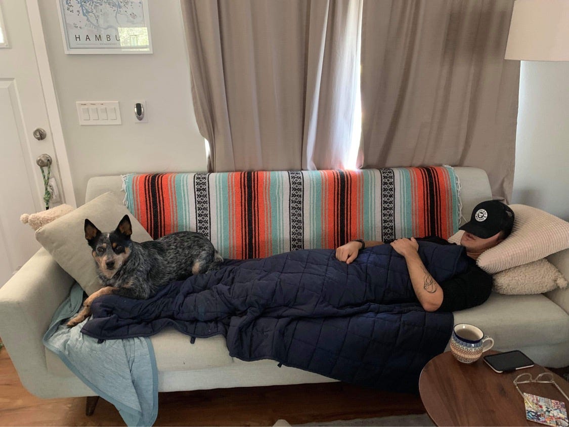 Man sleeping on couch with dog at his feet