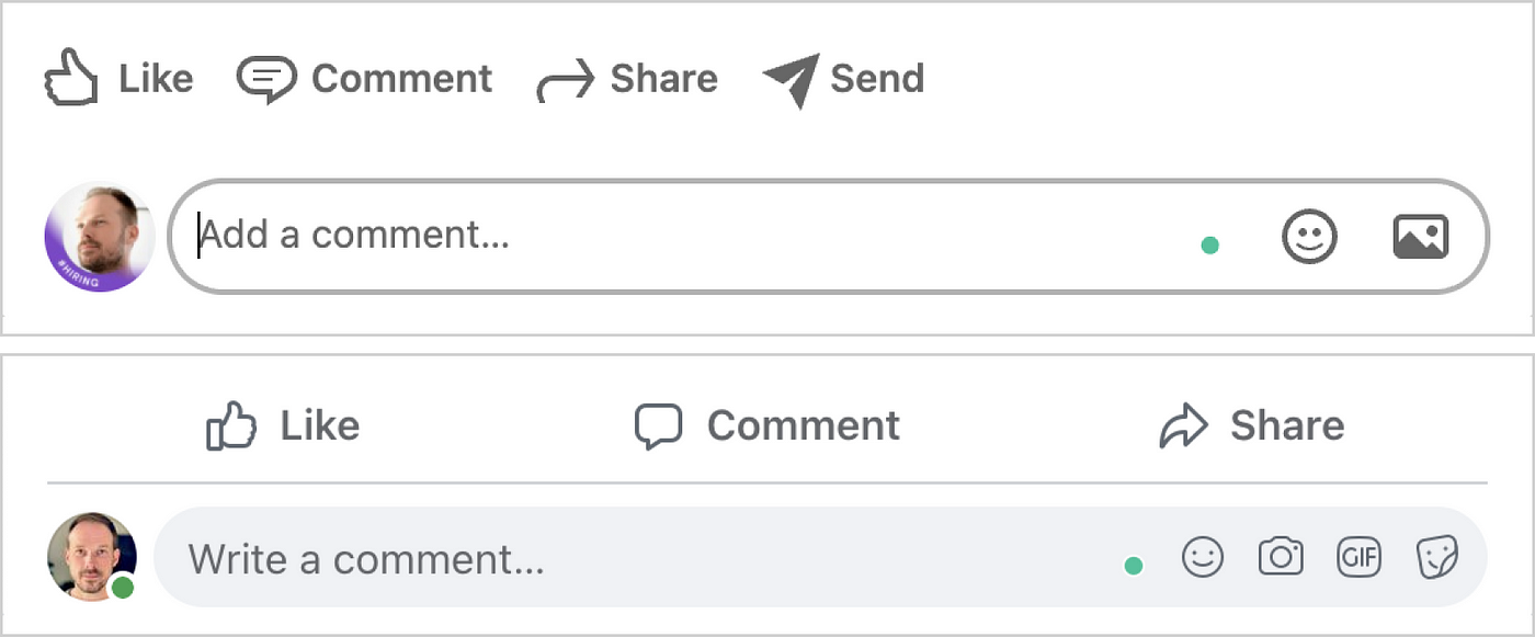 Screenshots of The Dots in comment prompts on Facebook and LinkedIn