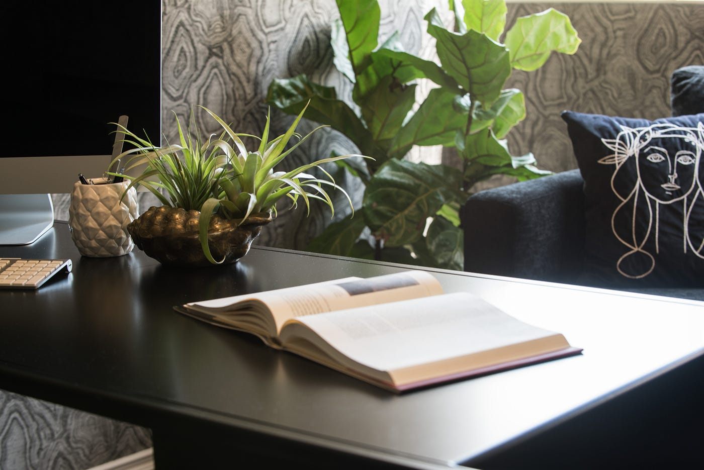 A home office in black textiles and wallpaper, features houseplants and embroidered pillows.