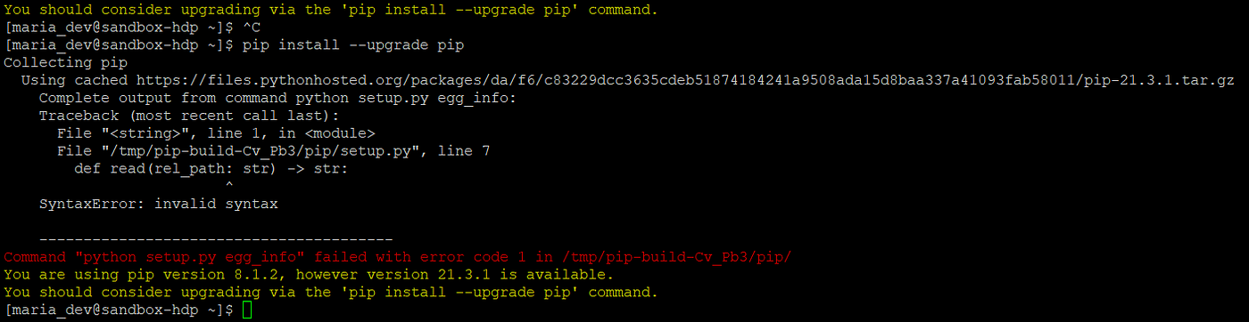 Fix pip upgrade error in HDP Sandbox Linux VM | by Foong Min Wong | Medium