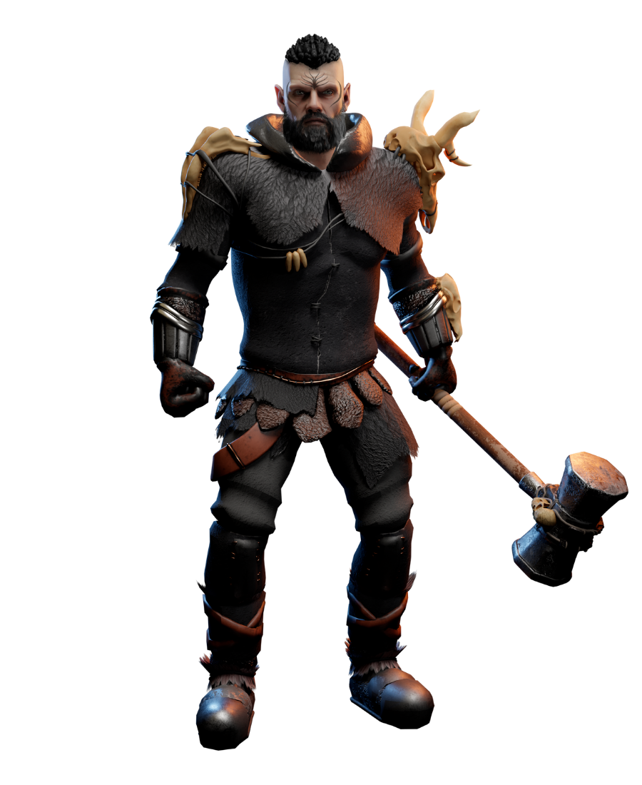 A druid holding a giant hammer, dressed in black armour