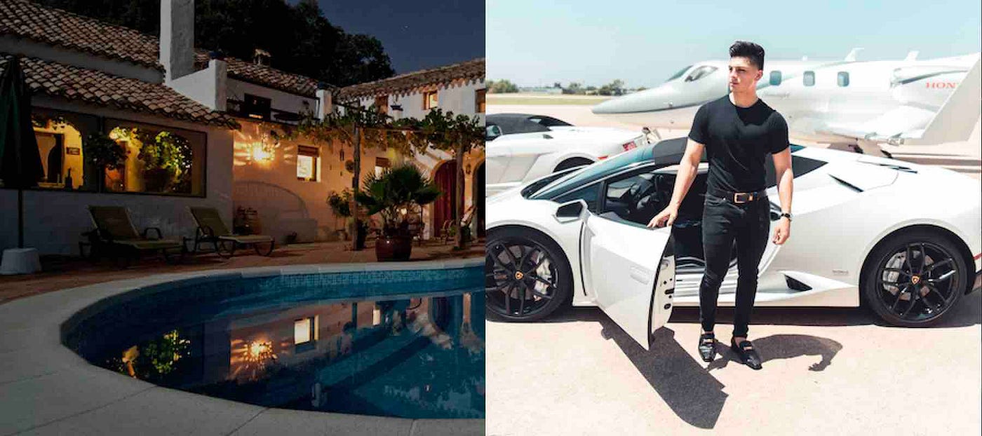 Fancy house with pool, wealthy young man car and plane