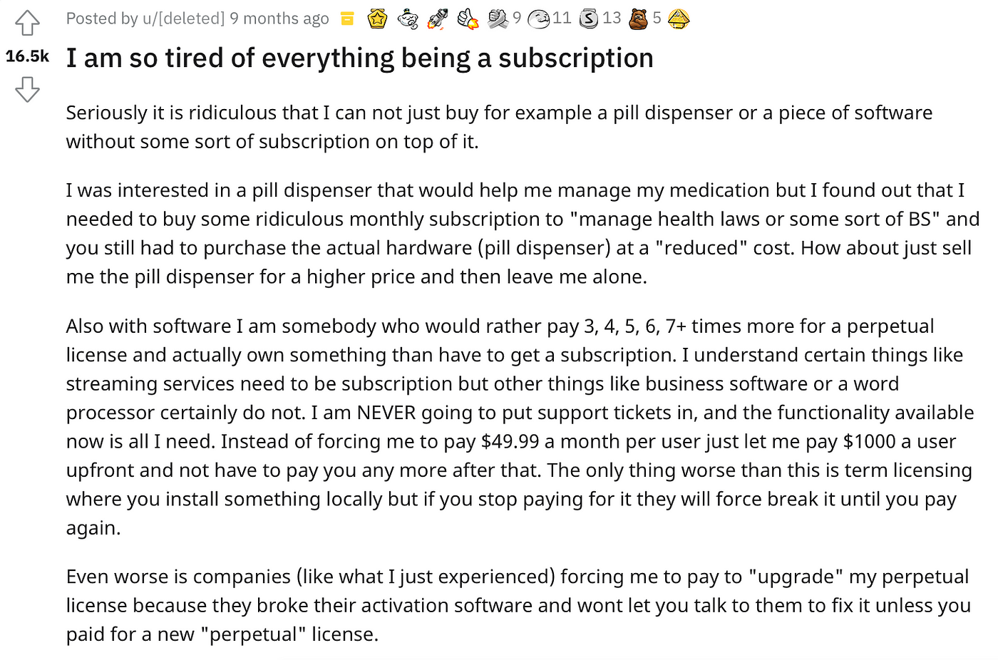A screenshot from Reddit which details why they are getting tired with subscriptions. Particularly subscriptions for software products