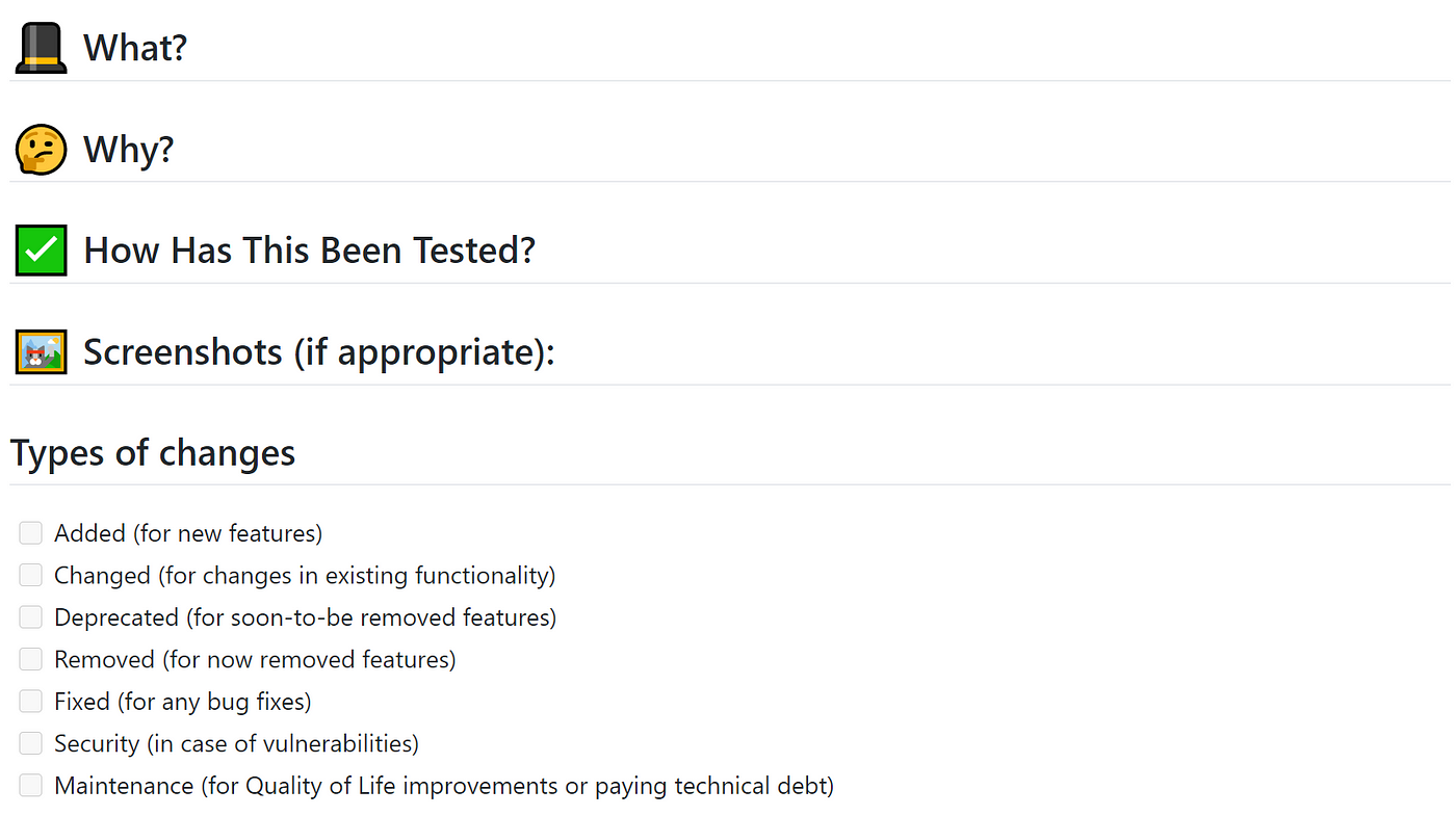A screenshot of our PRs, asking the submitter What, Why, How Has This Been Tested.