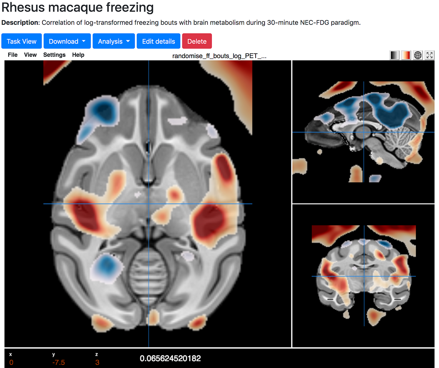 A picture of NeuroVault’s image viewer, showing unthresholded PET data aligned to the Rhesus Macaque Template.