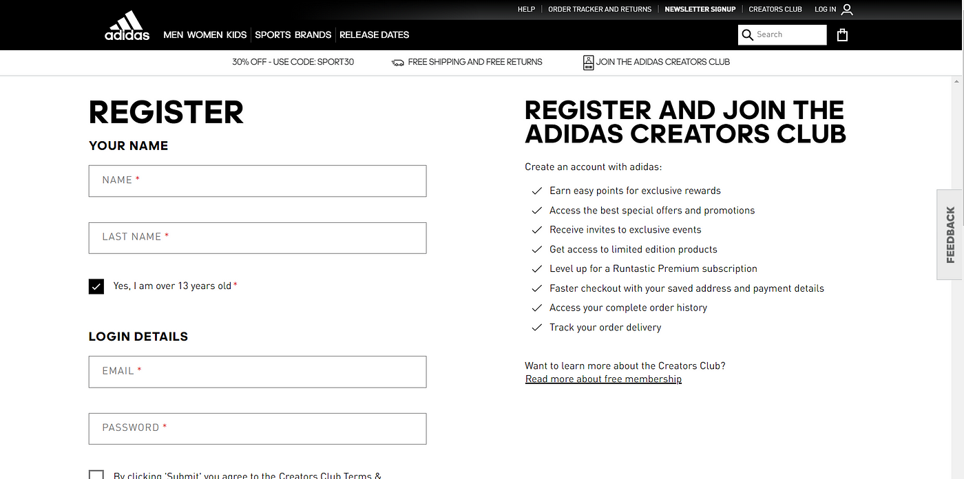 A quick redesign: Adidas sign-up. Diving headfirst into my first redesign |  by Erin Yoo | Medium