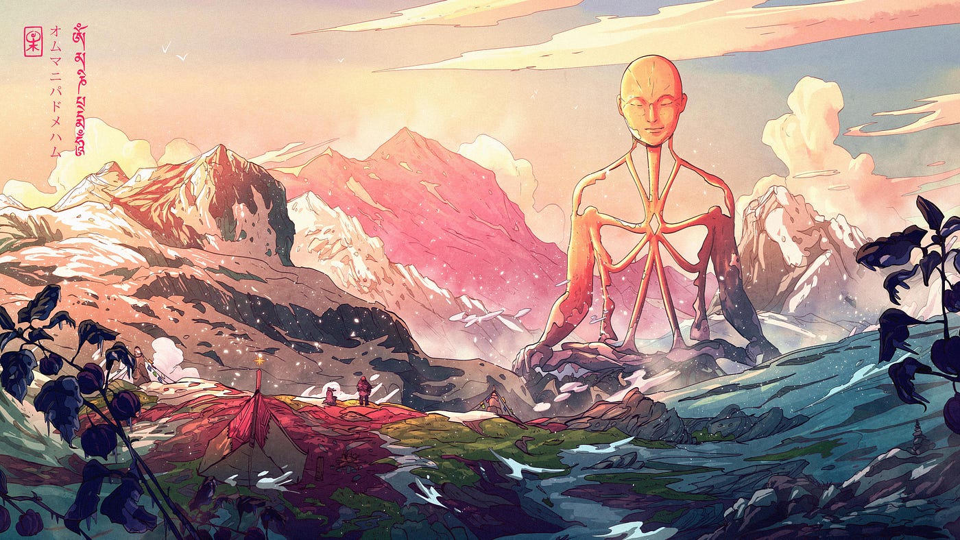 Illustration of Buddha figure in meditative pose looming over landscape, inside toso open and integrated with rising sun.