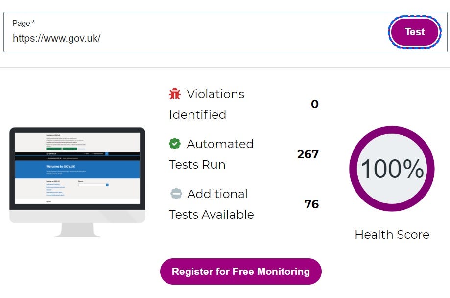 Screen shot of level access free test run on gov.uk