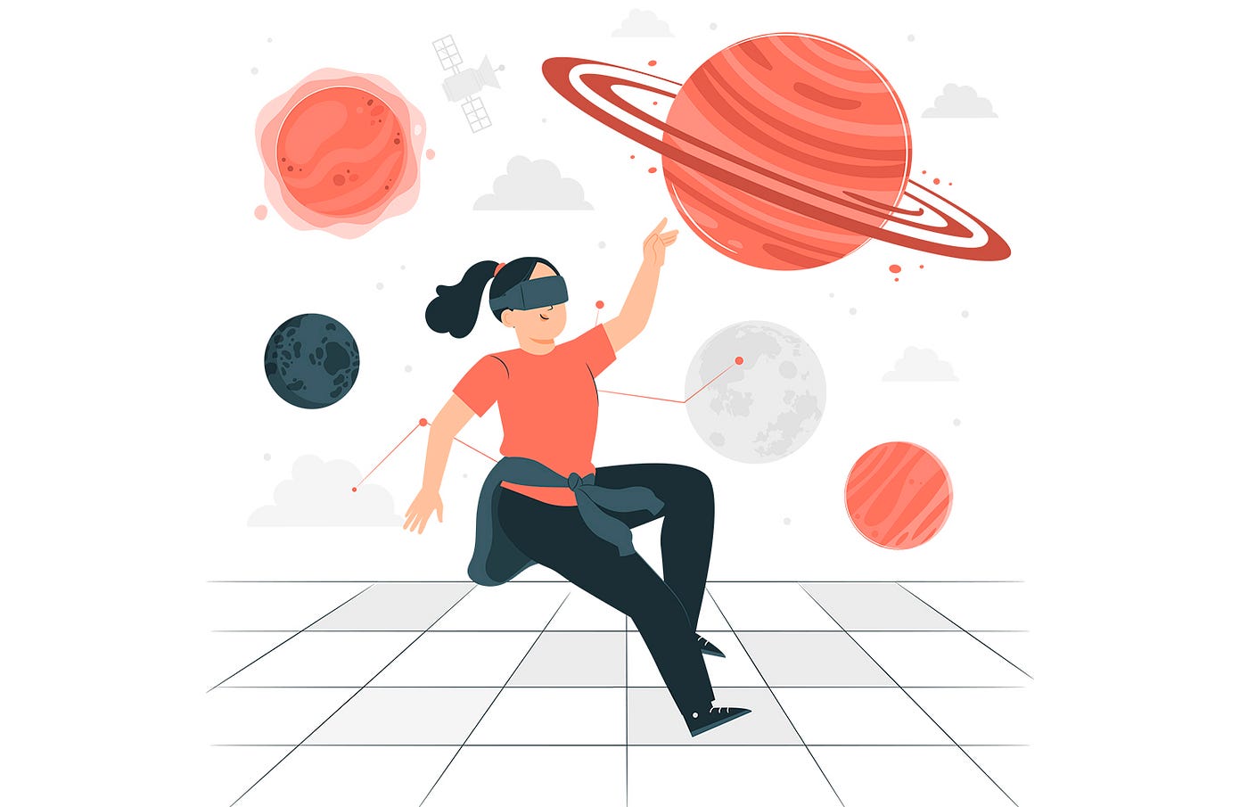 Woman engrossed in VR, floating among planets.