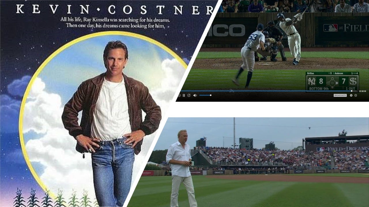 Field of Dreams Collage including Kevin Costner movie cover, Kevin Costner before the game, and Tim Anderson’s Walk-off HR.by the Author
