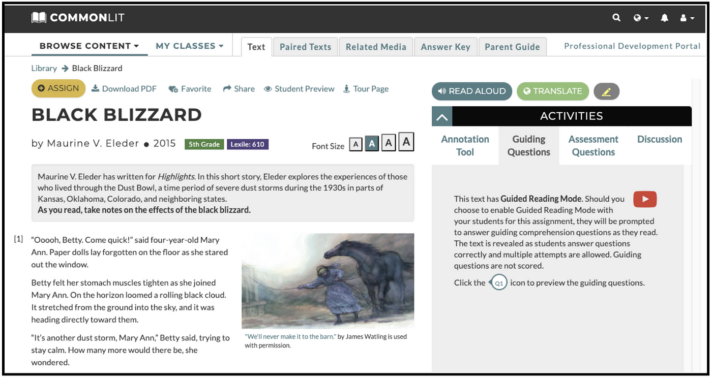 The CommonLit lesson "Black Blizzard."