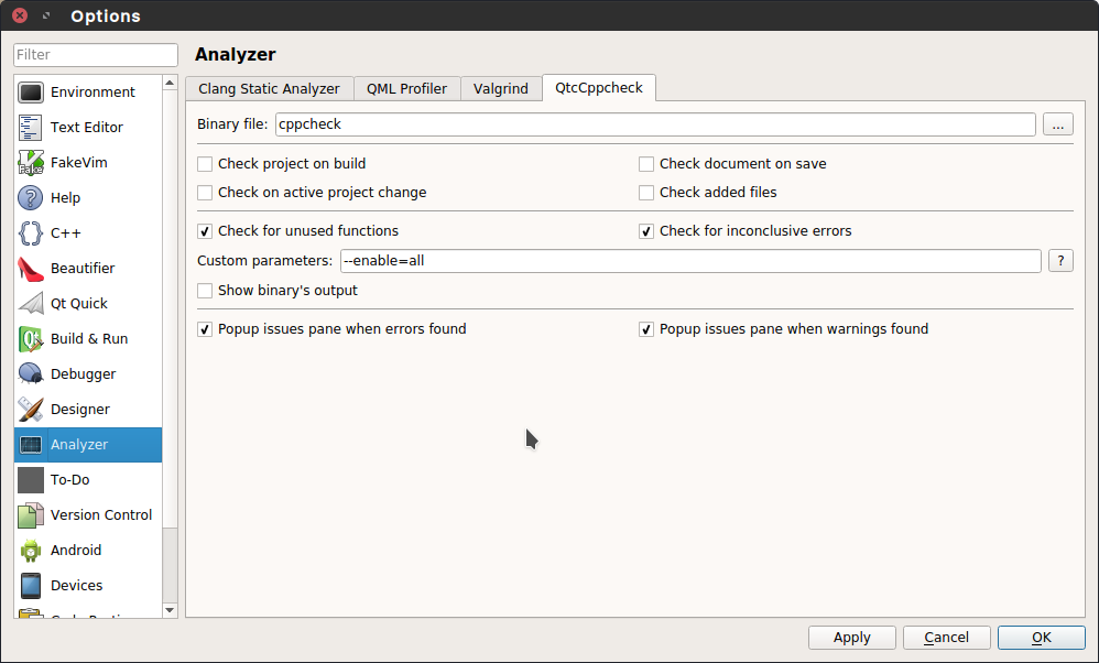 "Tool Settings in Analyzer QtCreator settings window"