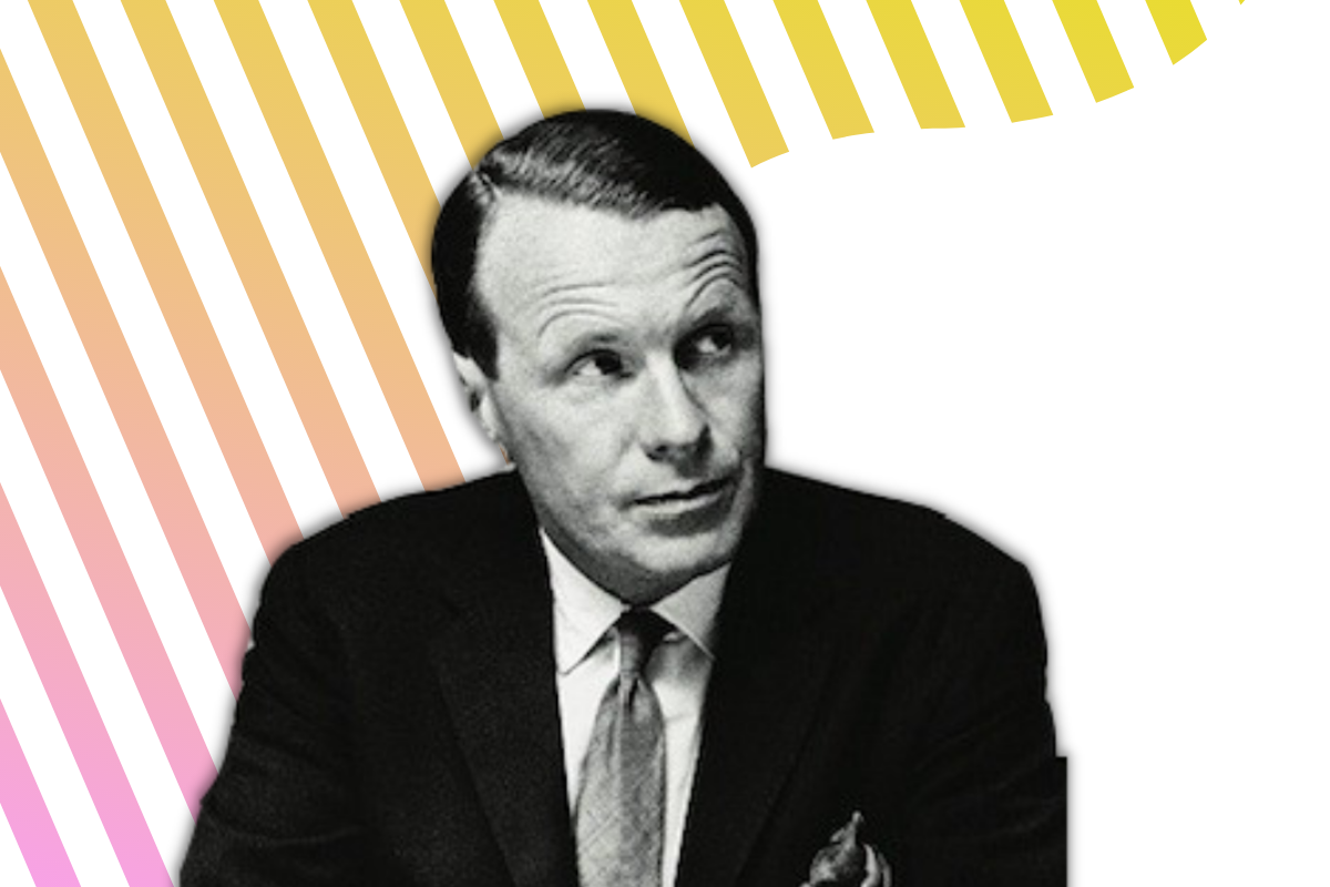 Black and white David Ogilvy over pink and yellow lines