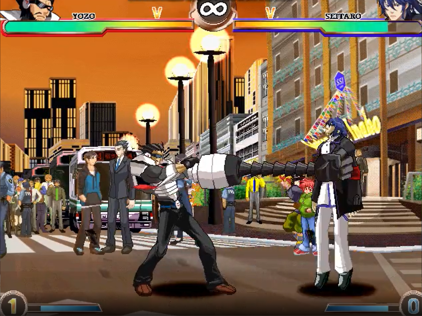 A screeshot from “Inaho-Cho Dynamite Bomb”, where the character named Yozo uses his robotic arm to grab his opponent Seitaro.