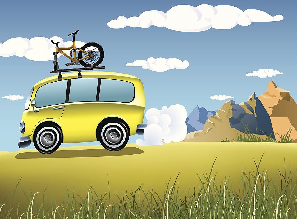 Illustration of VW Bus with bicycle on top driving through the American Southwest (Chris Alcantara/Getty Images/Vetta — all rights reserved)