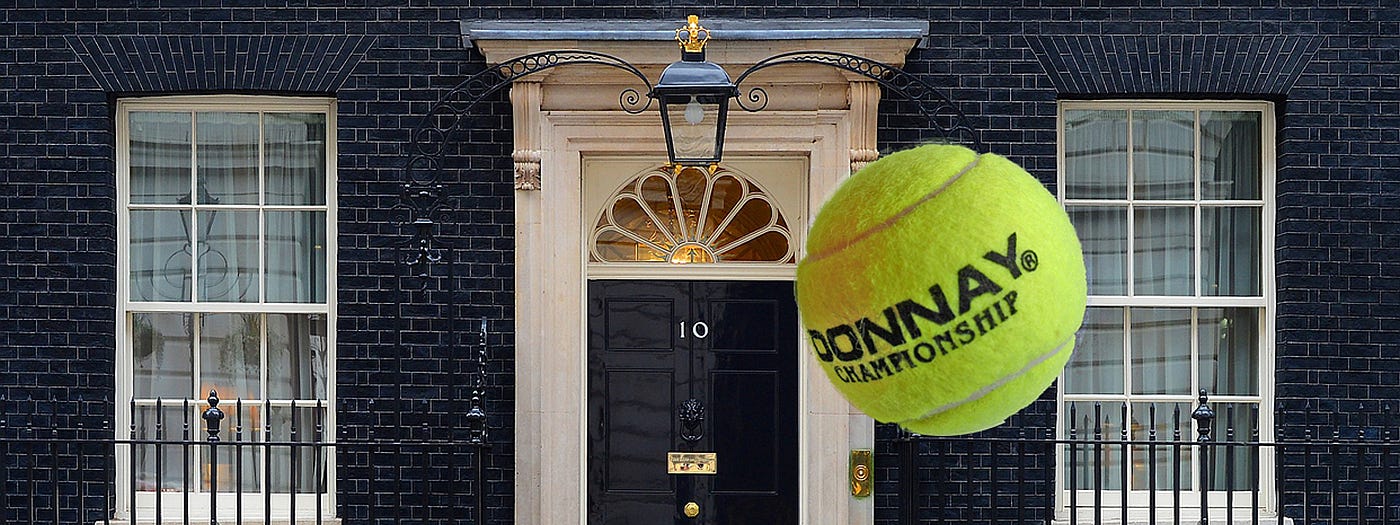 The front door of 10 Downing St. with a tennis ball in front of it