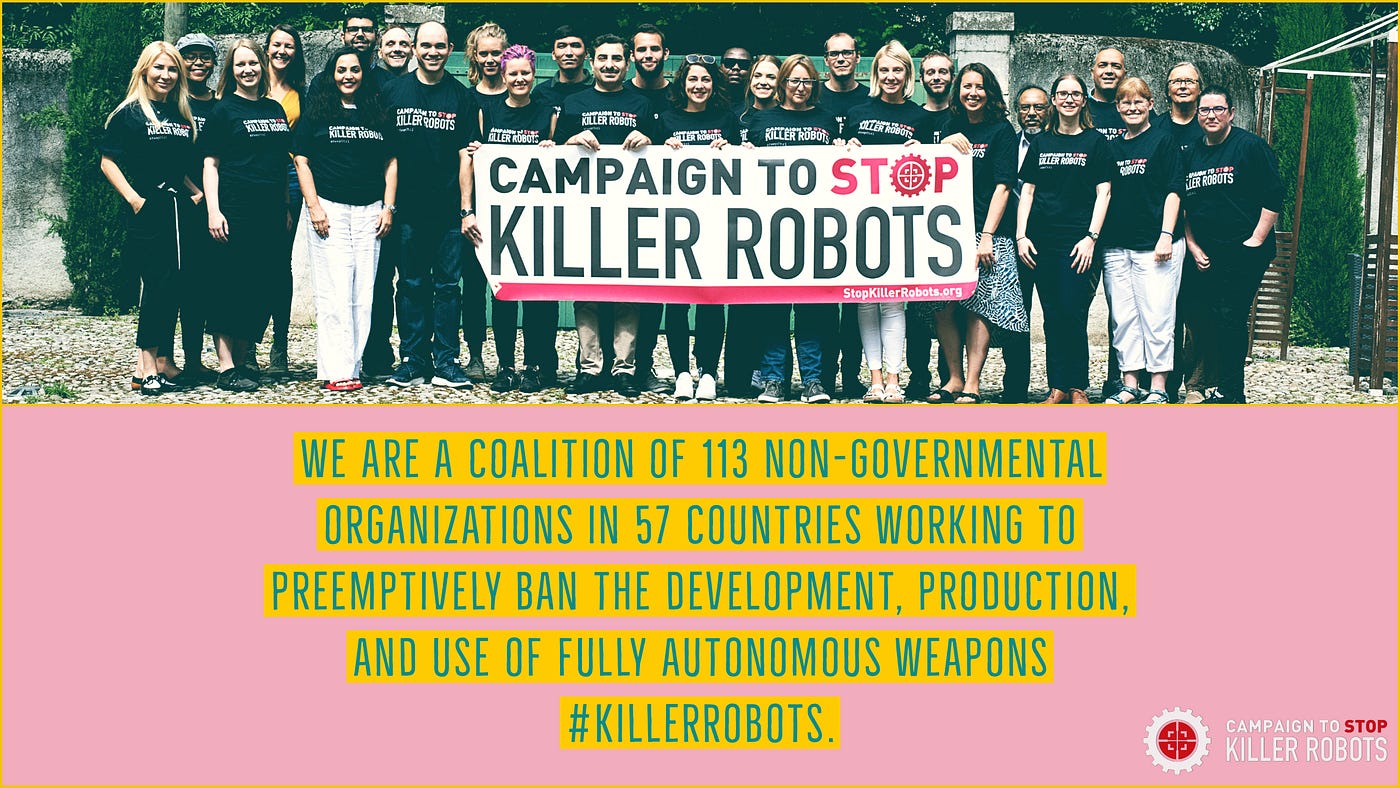 Group photo of coalition of 113 non-governmental organizations in 57 countries working to preemptively ban #KillerRobots