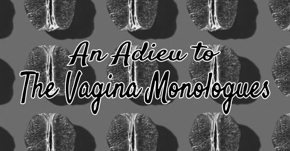Black and white image of grapefruits forming neat rows. Text on top reads “An Adieu to The Vagina Monologues” in script font