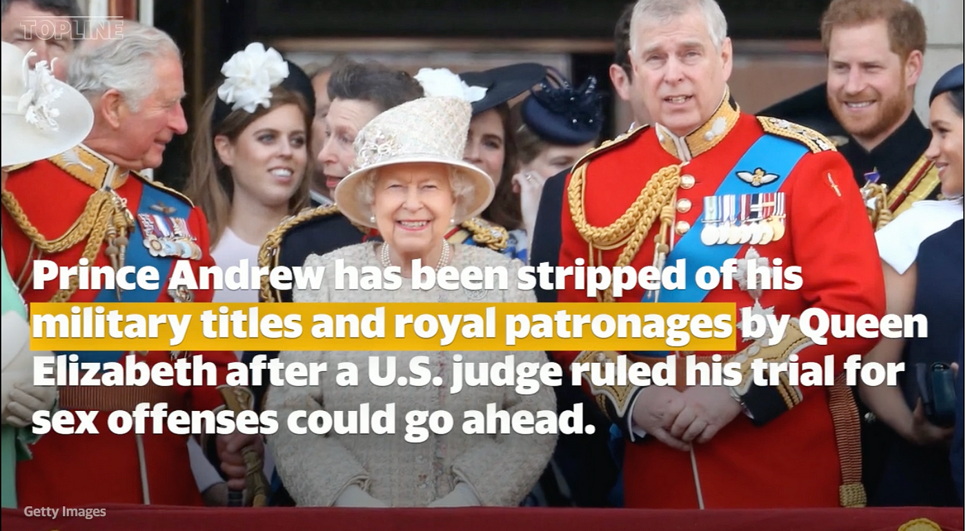 A picture of the royal family. The Queen stands on her balcony at Buckingham Palace with Charles on her right and Andrew on her left, in their scarlet military dress uniforms. Members of the Royal family are gathered all around her as they smile and talk to each other while the Queen looks directly ahead, smiling. She is wearing a creamy golden color suit, with a matching hat that has intricate embroidery, with a pearl necklace and pearl earrings.