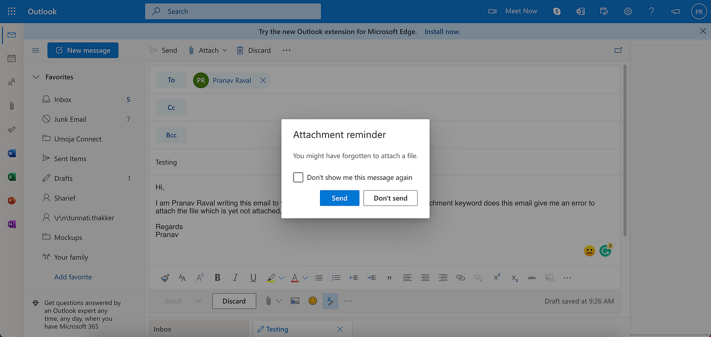 Outlook mail box giving error while sending email without attachment when typing attachment keyword.