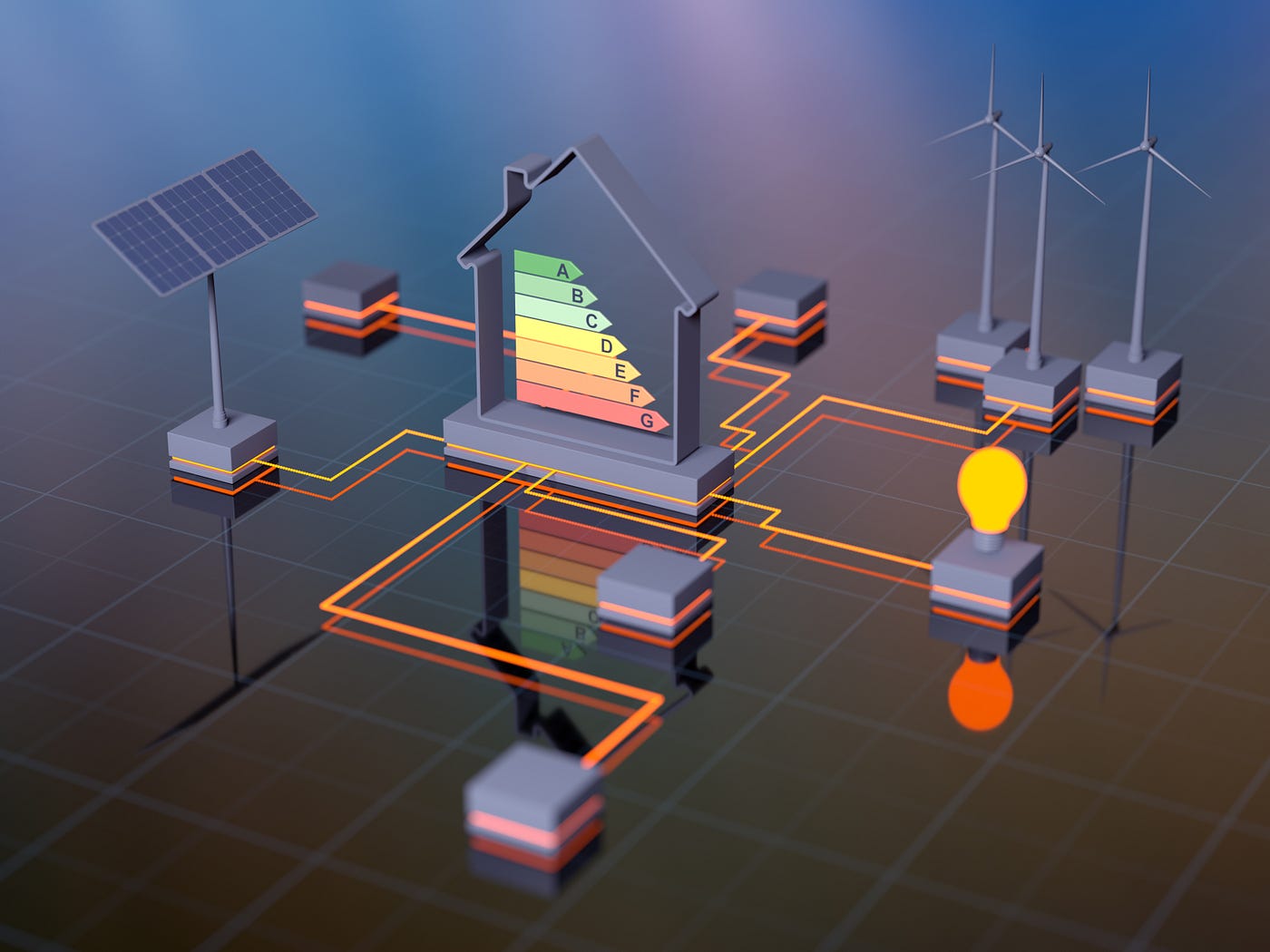 The outline of a house sits upright on a reflective surface with energy lines connecting it to turbines, solar panels, a glowing light bulb, and some gray squares.