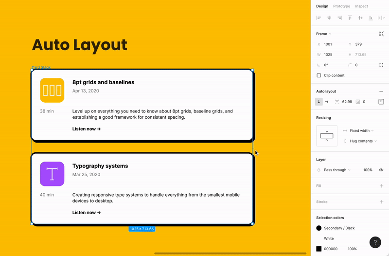 A screenshot from Figma that shows how Figma elements work using auto layout. By shrinking  the card, the text inside breaks into more lines, the same happens with the background.