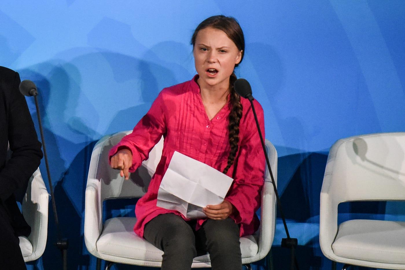 A photo of Greta Thunberg at the Climate Action Summit.