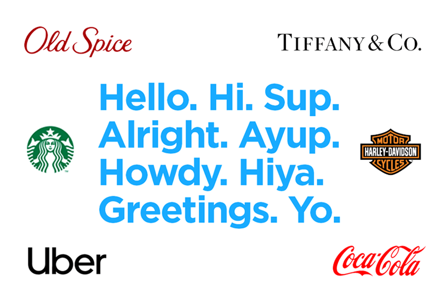 Examples of how a brand can say hello in different voices.