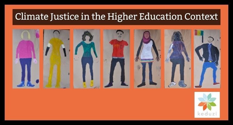 Several young people painted onto brown paper. Above them are the words “Climate Justice in the Higher Education Context”. In the lower right-hand corner is the Keduzi logo, which is a colourful flower.