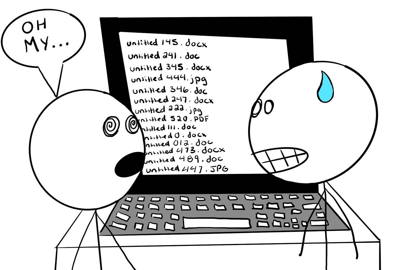 Cartoon of two people looking at a computer screen with untitled file names