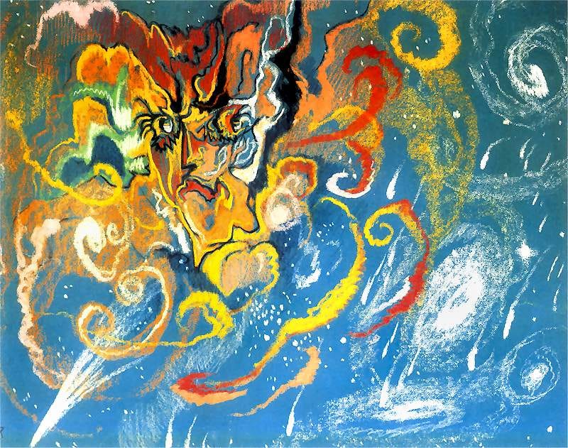 This is an abstract painting by Stanisław Ignacy Witkiewicz’s called “Nova Aurigae.” It looks like a fluid mixture of colors with many swirls or spirals and there’s something that looks vaguely like a face emerging from the chaos.