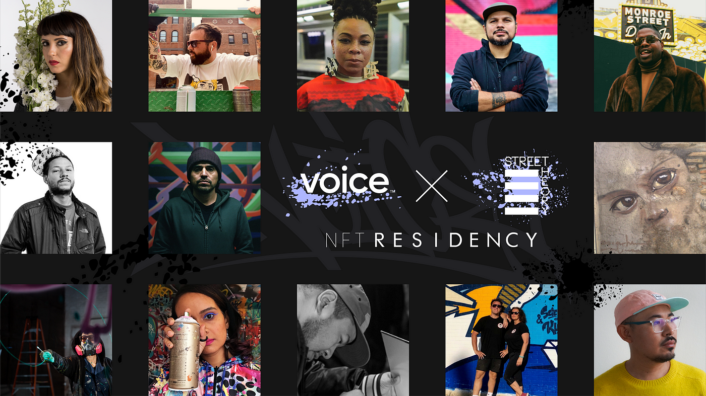 A collage of the 13 Street Theory artists participating in the residency. At the center of the collage are the Voice and Street Theory logos.