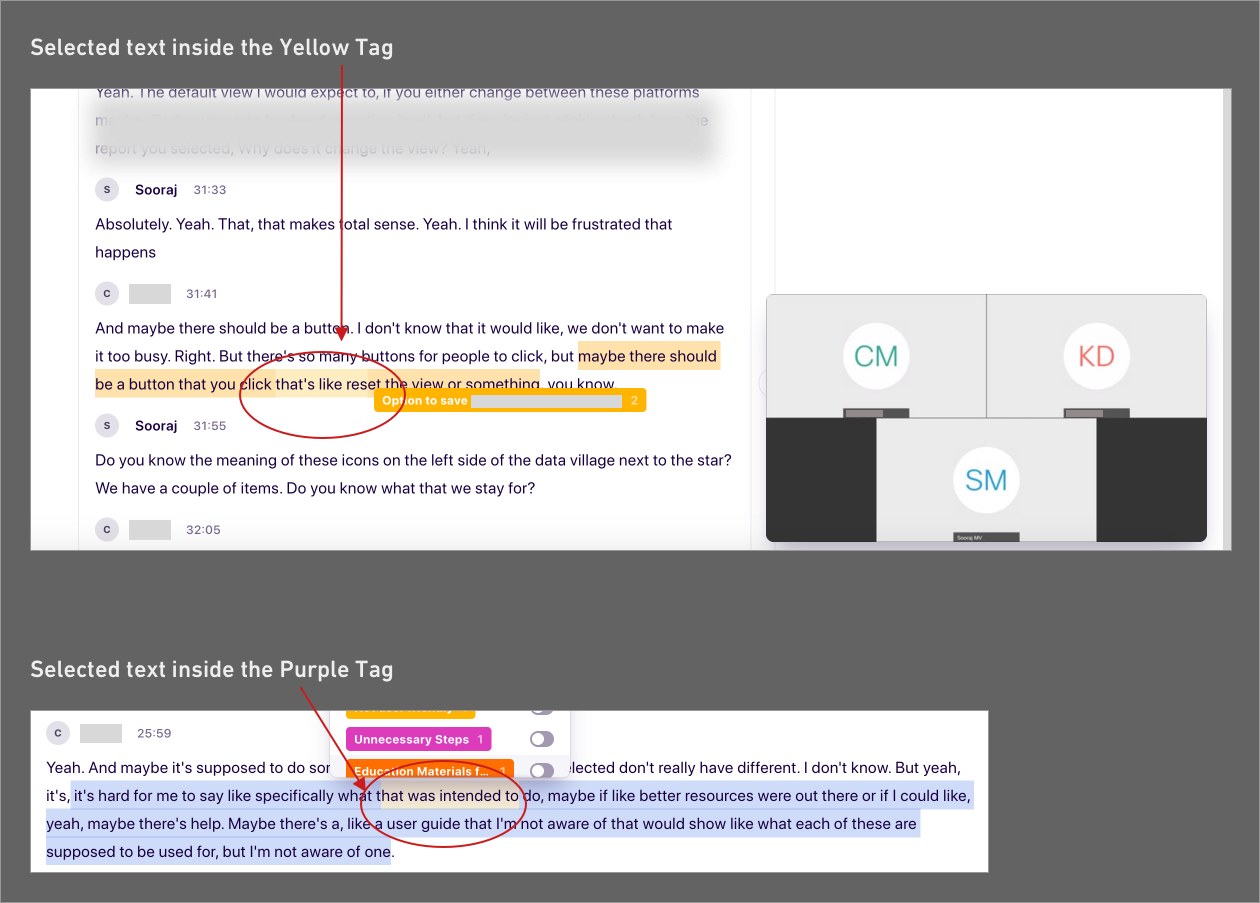 Selected text inside the yellow and purple tags in Dovetail